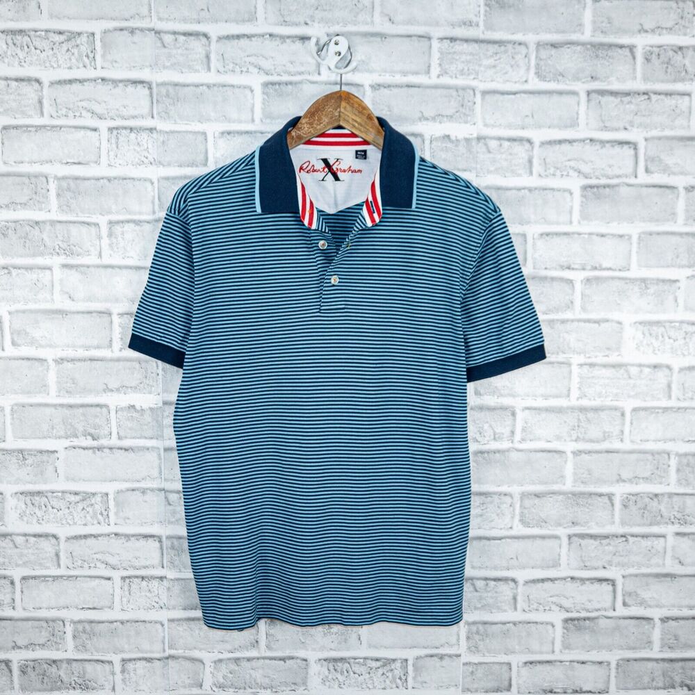 Robert Graham X Men's Short Sleeve Polo Shirt in Blue striped cotton size Medium